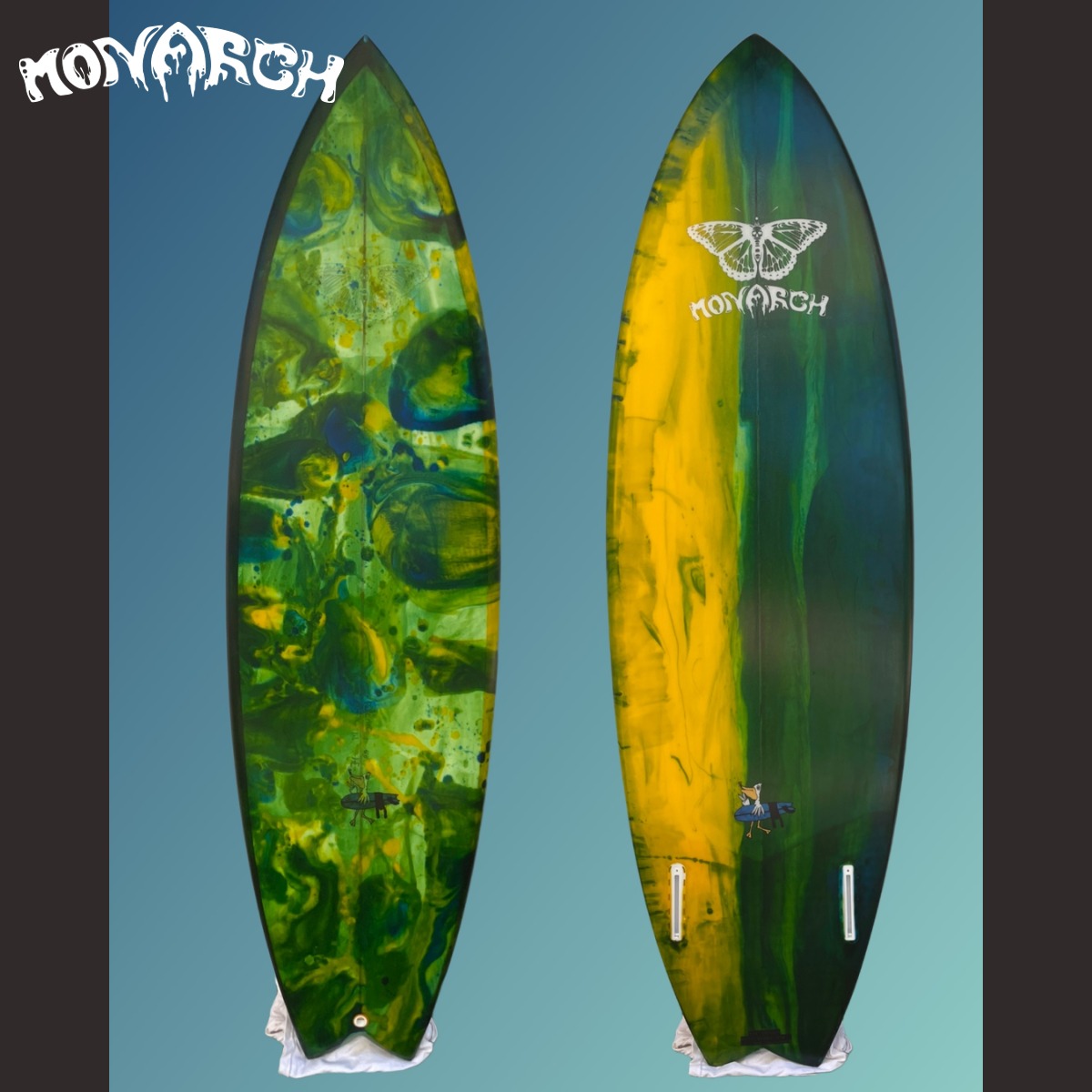 Image of green and yellow swirl surfboard