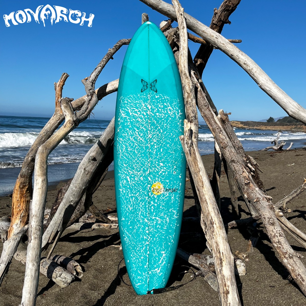 Light Blue Surfboard on firewood on beach